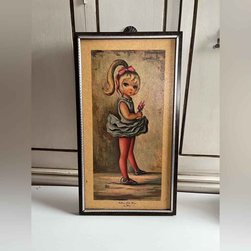Vintage MAIO Framed Big Eye Ballerina with Flower Textured litho print USA